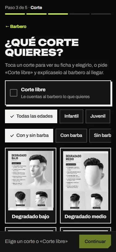 Reserva desde el celular: catálogo de cortes con su ficha