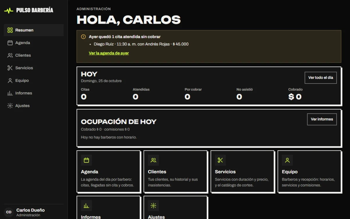 Panel de Pulso Barbería: resumen del día, citas por cobrar y accesos a agenda, clientes y servicios